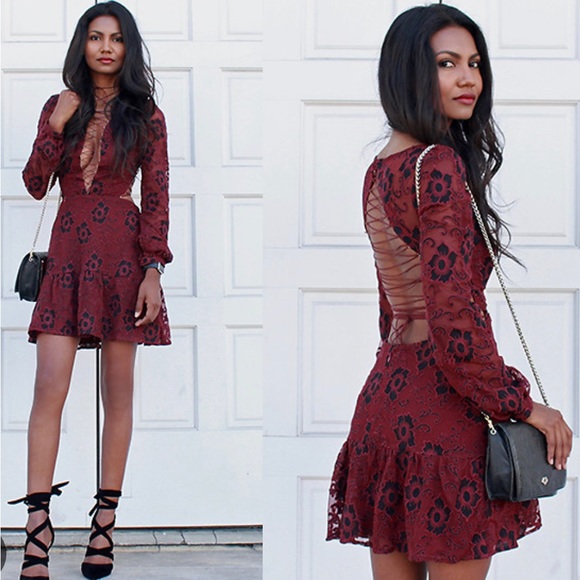 FOR LOVE AND LEMONS | Jolene Lace-Up Burgundy Dress Size S - Host Pick! - Picture 7 of 14
